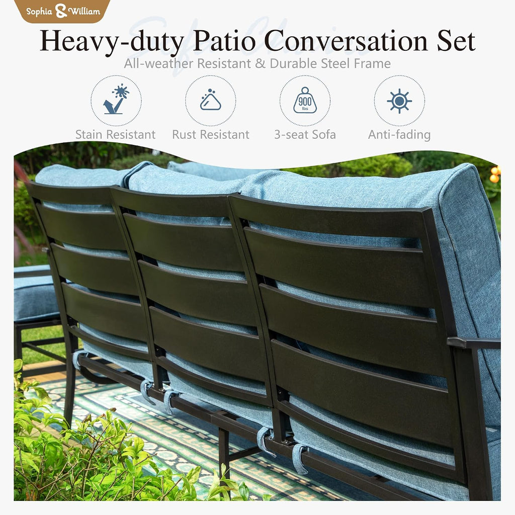 Sophia & William Patio Furniture Sets with 45' Gas Fire Pit Table for 7 Outdoor Conversation Sets 6 Pcs, 2 x Swivel Cushioned Sofa Chairs, 1x3-Seat Sofa, 2xOttomans for Backyard Poolside Navy