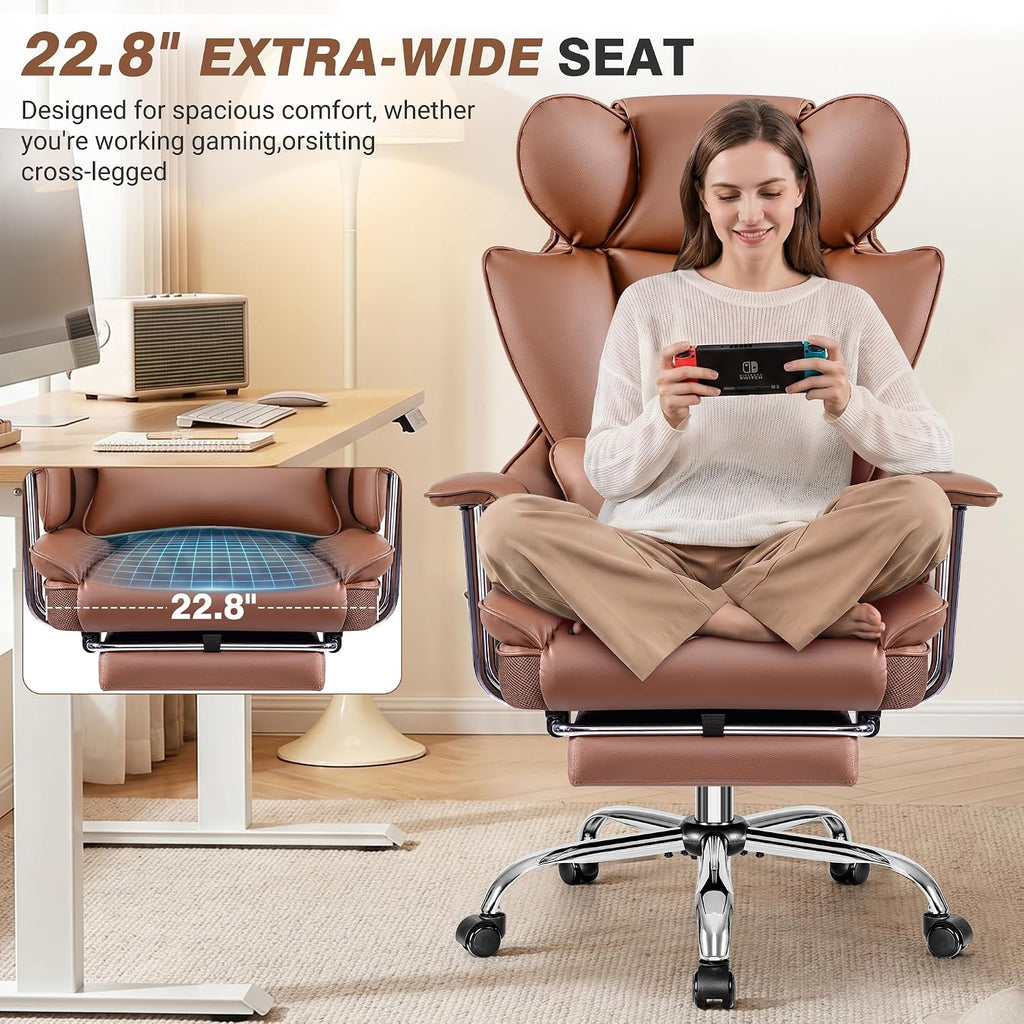 ALLGOD Office Chair Comfy, Big and Tall Executive Leather Chair, High Back Ergonomic Wide Chair with Footrest, Reclining Computer Desk Chair, Heavy Duty Gaming Chair with Padded Arm and Pillow, Brown