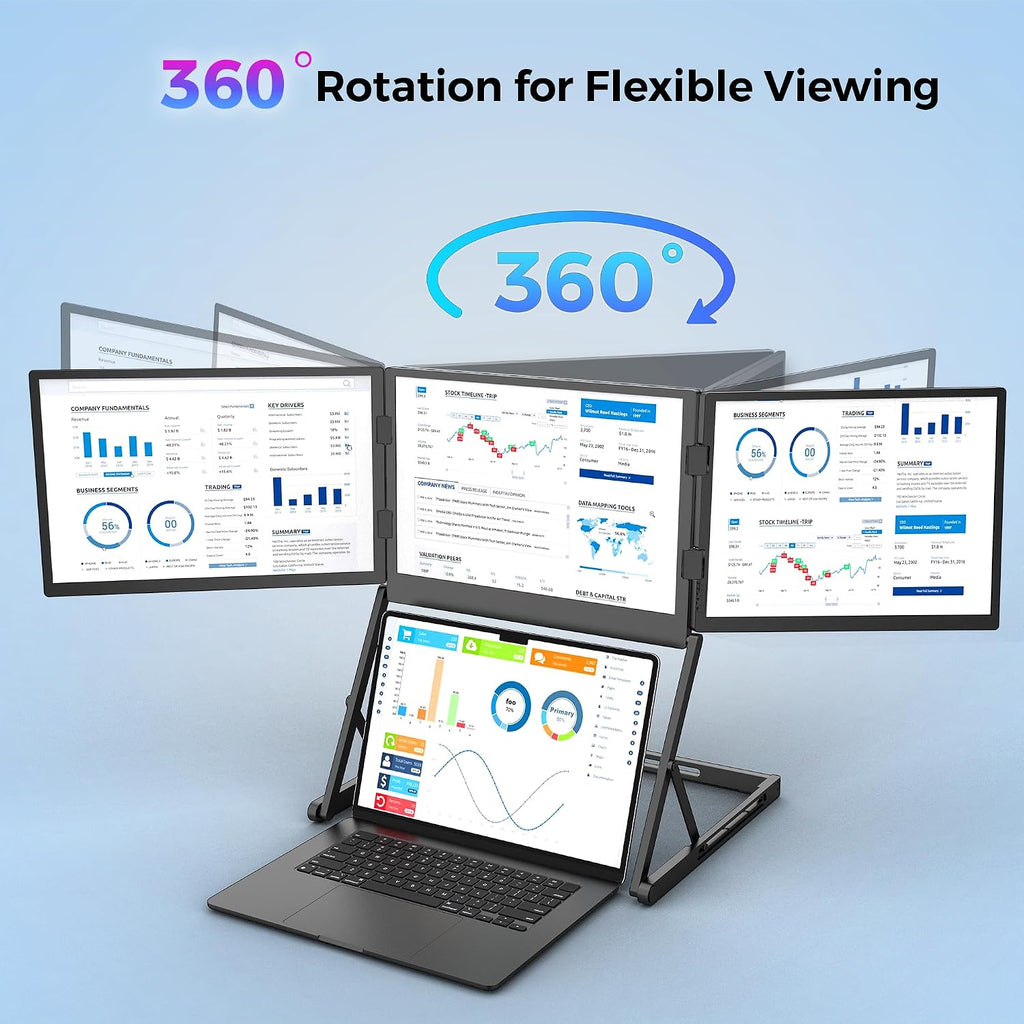 14 Inch Laptop Screen Extender, Portable Triple Monitor for 11-17 Inch Laptops, 1920x1200 IPS Foldable Display with 360° Rotation, USB-C (DP Alt Mode) and HDMI for Windows and Mac