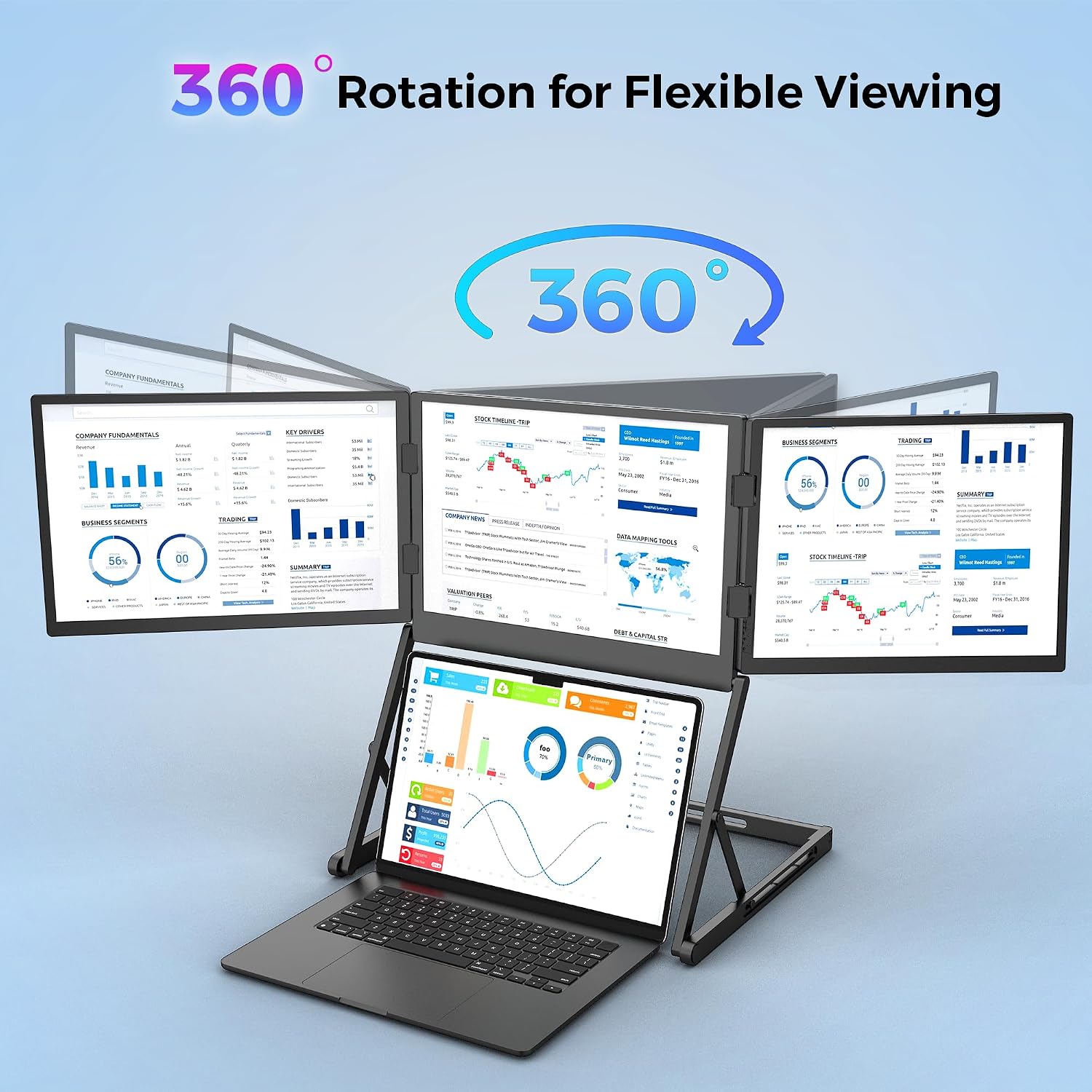 14 Inch Laptop Screen Extender, Portable Triple Monitor for 11-17 Inch Laptops, 1920x1200 IPS Foldable Display with 360° Rotation, USB-C (DP Alt Mode) and HDMI for Windows and Mac