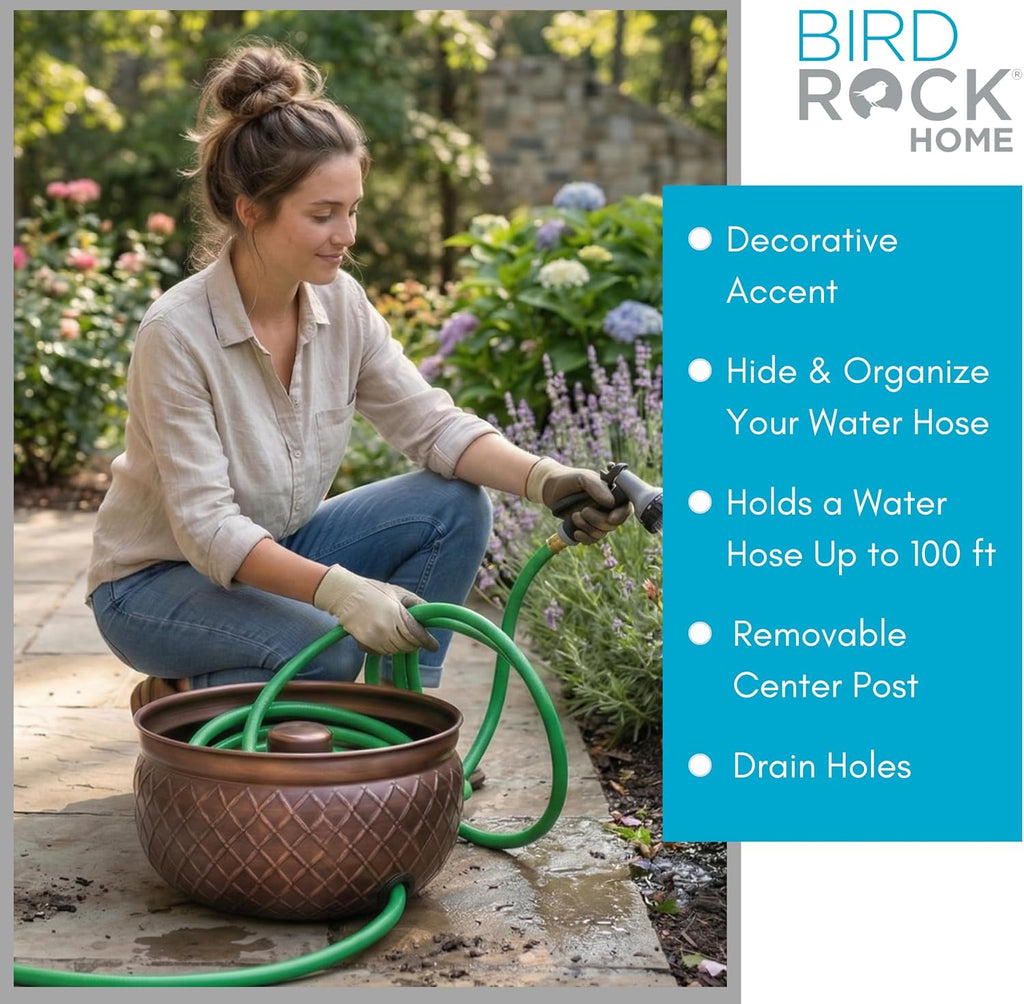 BIRDROCK HOME Water Hose Holder - Decorative Metal Pot, Indoor or Outdoor, Garden Storage Organizer, Patio Portable Bucket - Embossed Steel w/Copper Accents, Holds up to 100ft Hoses