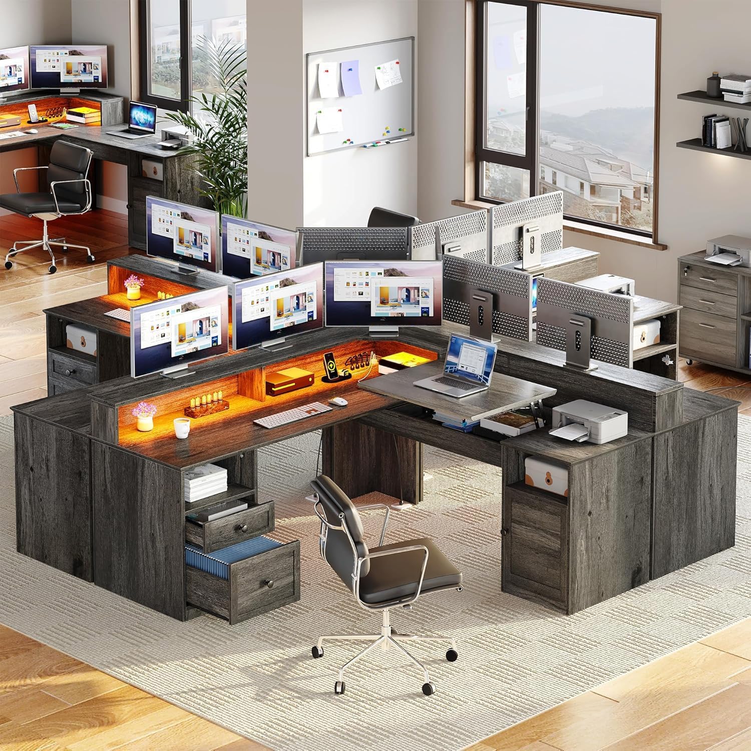 YITAHOME L Shaped Desk with Power Outlets & LED Lights, 60' Corner Computer Desk with Drawers & Lift Top, Home Office Desk with Monitor Stand & File Cabinet, Wood Height Adjustable Desk, Grey