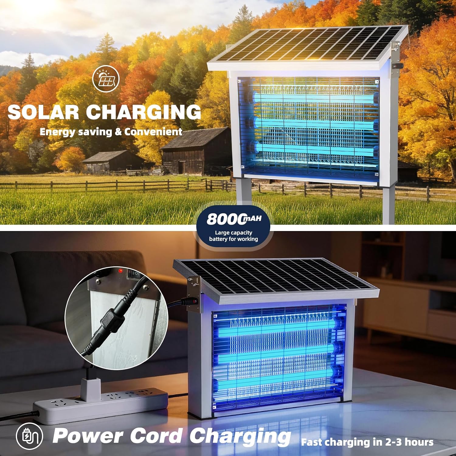 Powerful Large Solar Bug Zapper Outdoor for 10000 sq.ft, Poartable Rechargeable Mosquito Zapper with High Powered, Cordless Solar Fly Zapper for Patio Garden Backyard Farm Pest Control