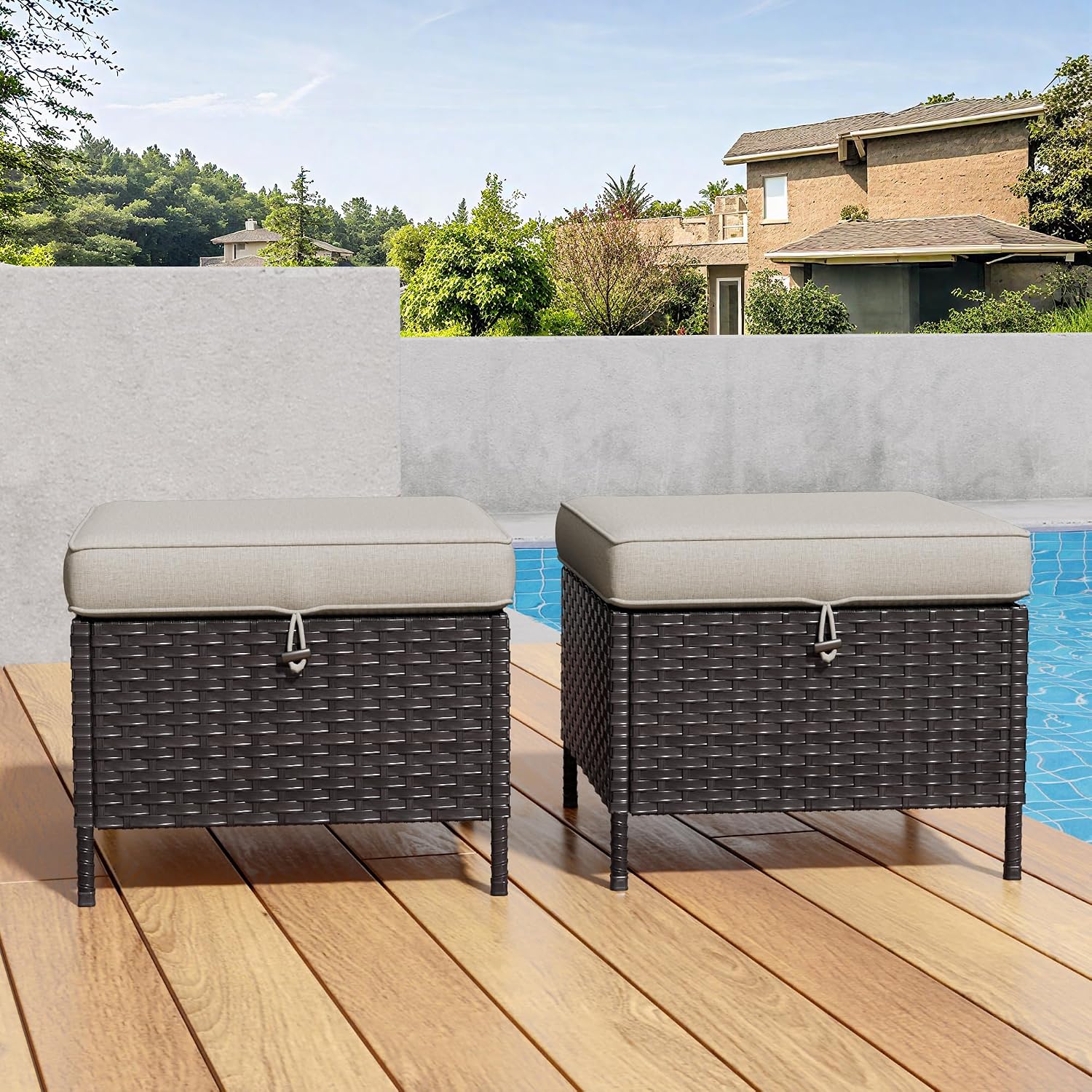 Patio Wicker Ottomans with Removable and Washable Covers, PE Rattan Outdoor Footstools for Porch, Sunroom (Beige)