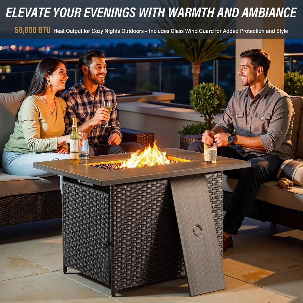 Belord Luxury Wicker Patio Furniture Set with 41' Fire Pit Table - Swivel Rocker Glider Outdoor Chairs with Sofa and Glass Top Side Table, All-Weather Removable 6' Red Seat Cushion for Patio Evenings
