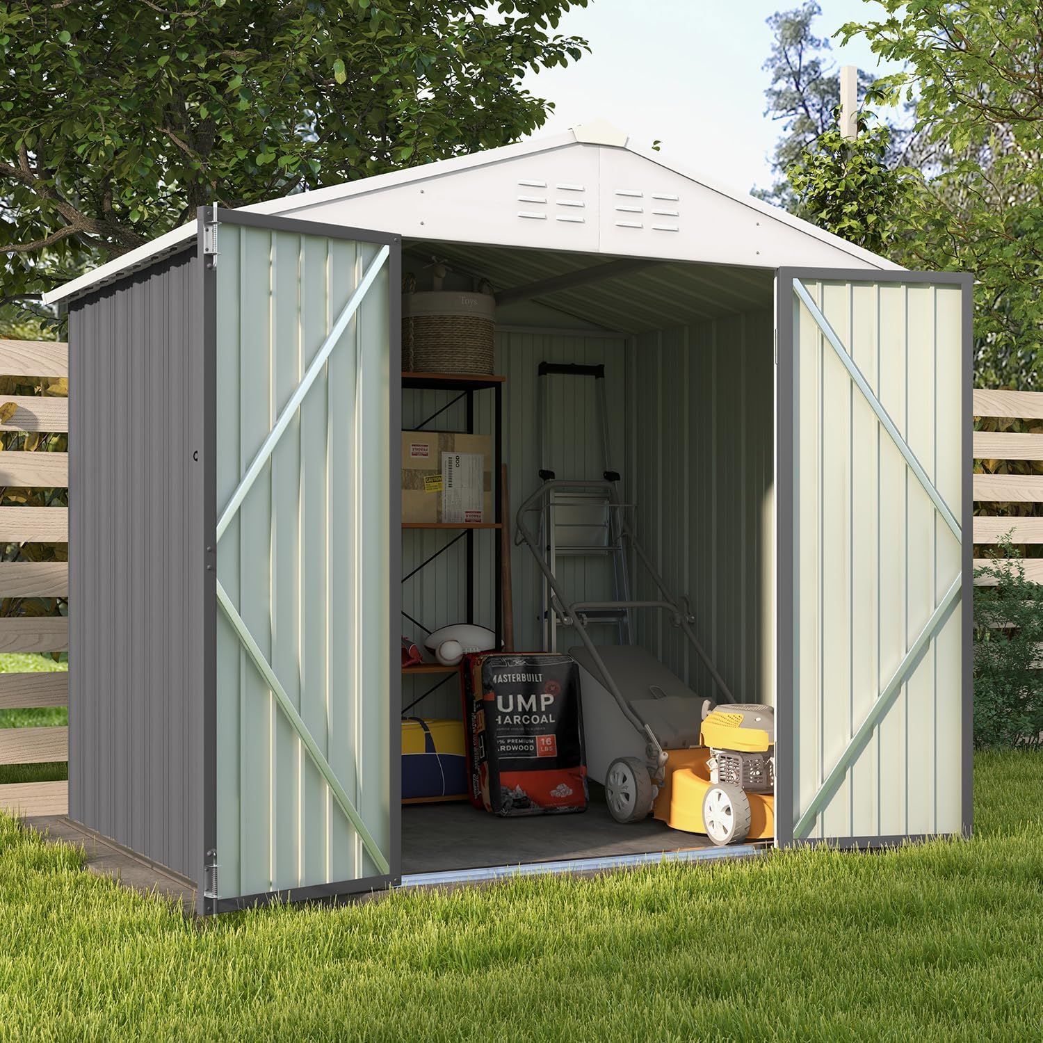 Patiowell 8x6 FT Outdoor Storage Shed, Garden Storage Shed with Sloping Roof and Double Lockable Door, Outdoor Sheds for Backyard Garden Patio Lawn, Gray