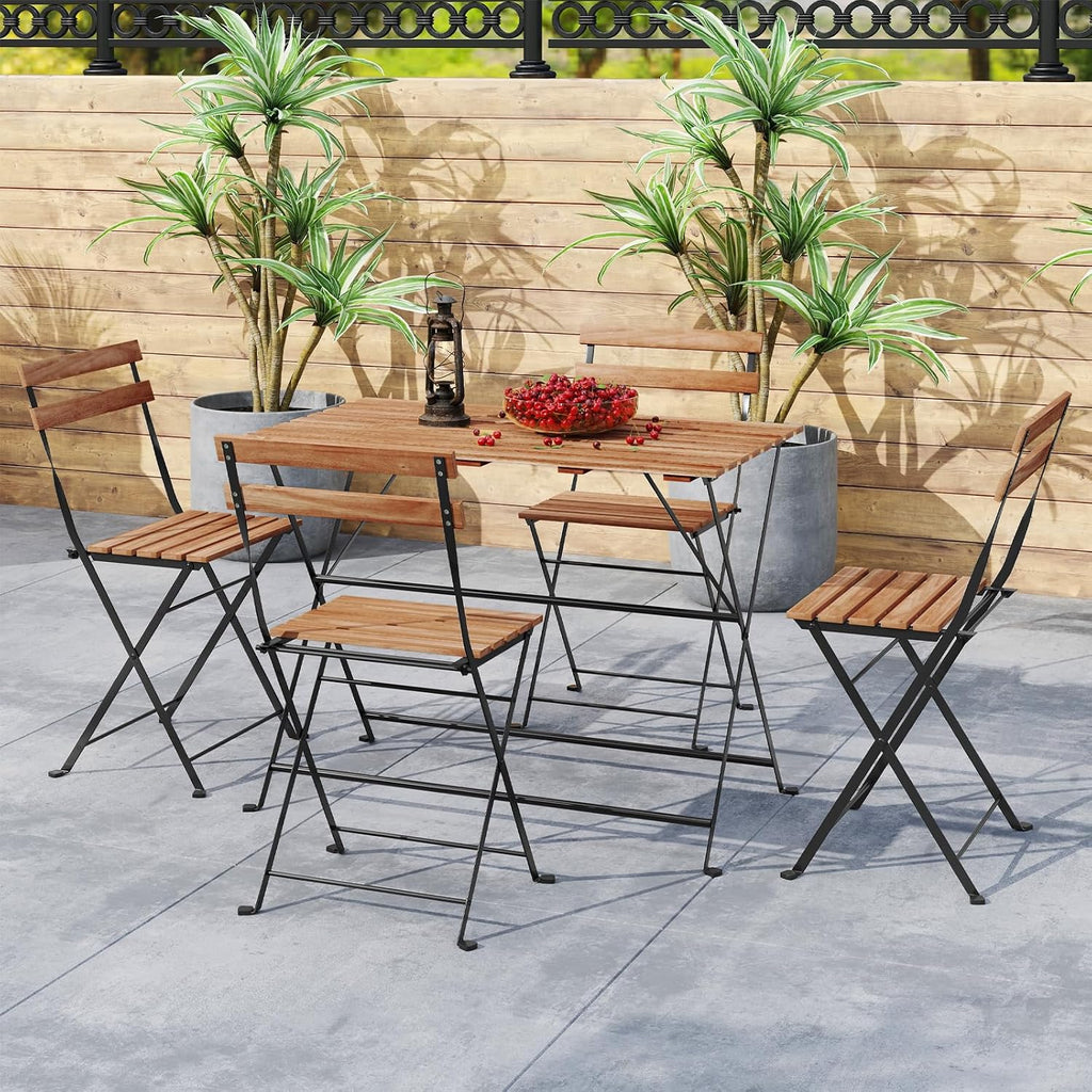 Giantex 5-Piece Outdoor Dining Table Set for 4, Acacia Wood Bistro Table with 4 Folding Patio Chairs, Slatted Seat & Tabletop, Metal Frame, for Yard Porch Garden Poolside (Black + Brown)