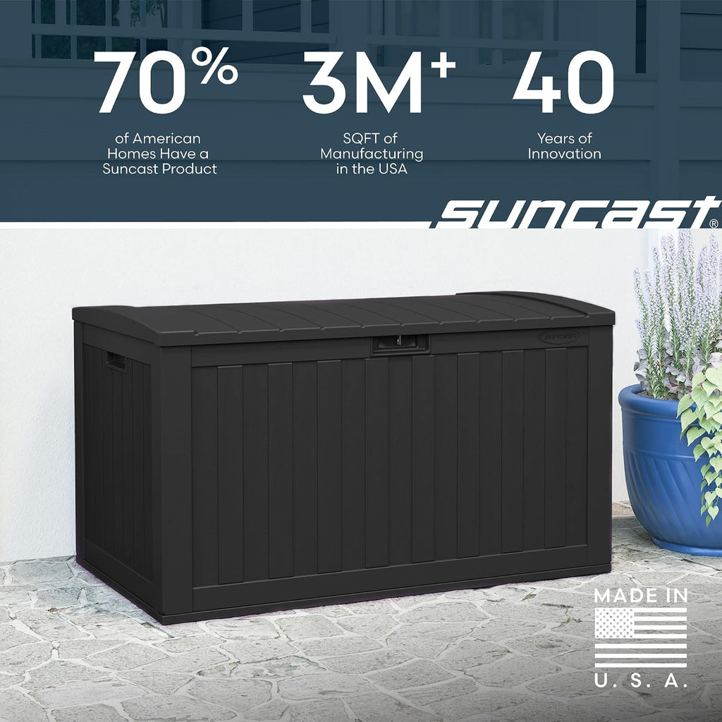 Suncast 134-Gal. Resin Extra-Large Outdoor Patio Deck Box with Pad-Lockable Lid, Modern Outdoor Patio Bench/Storage Box for Cushions, Garden Tools, and More, Iron Ore