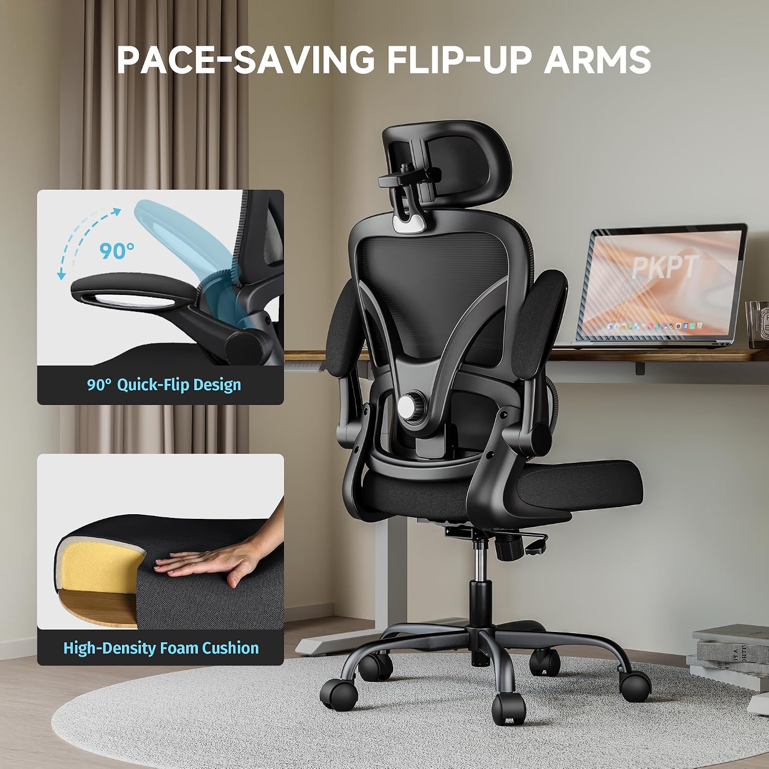 Ergonomic Office Chair, 330LBS Desk Chair with 3-Level Lumbar Support & Headrest, Breathable Mesh Backrest, Flip-Up Armrests for Home Office and Gaming, Black