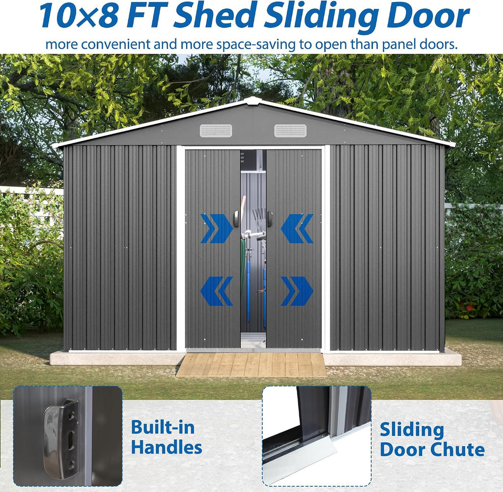 10x8 FT Outdoor Storage Shed with Sliding Doors & Air Vents - Aluminum Frame, Weatherproof Metal Shed for Garden, Backyard, Patio Equipment