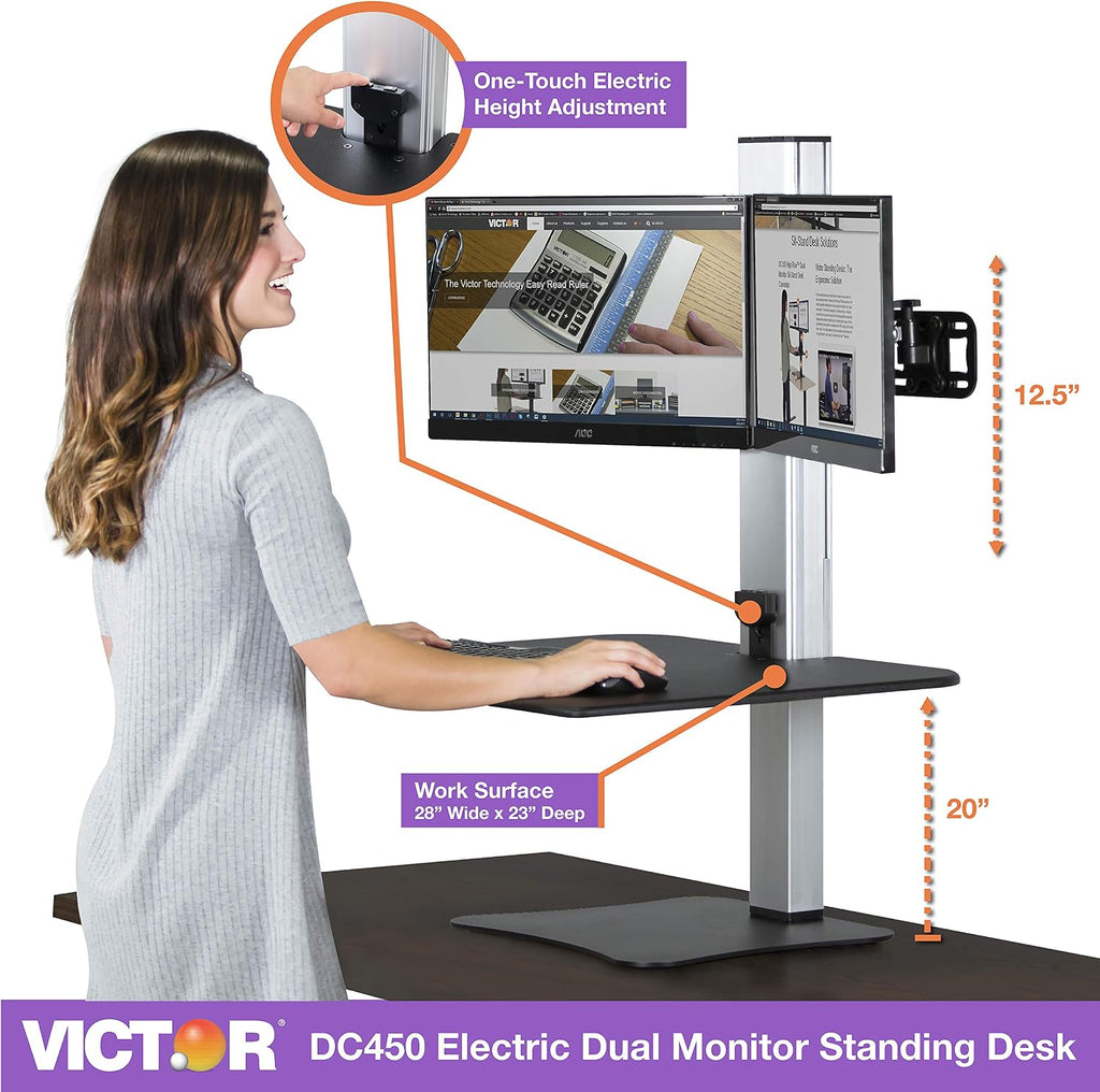 Victor Dual Monitor Electric Standing Desk Workstation, Height Adjustable Sit-Stand Converter with Dual Monitor Support, 28″ x 23″ Work Surface (DC450)