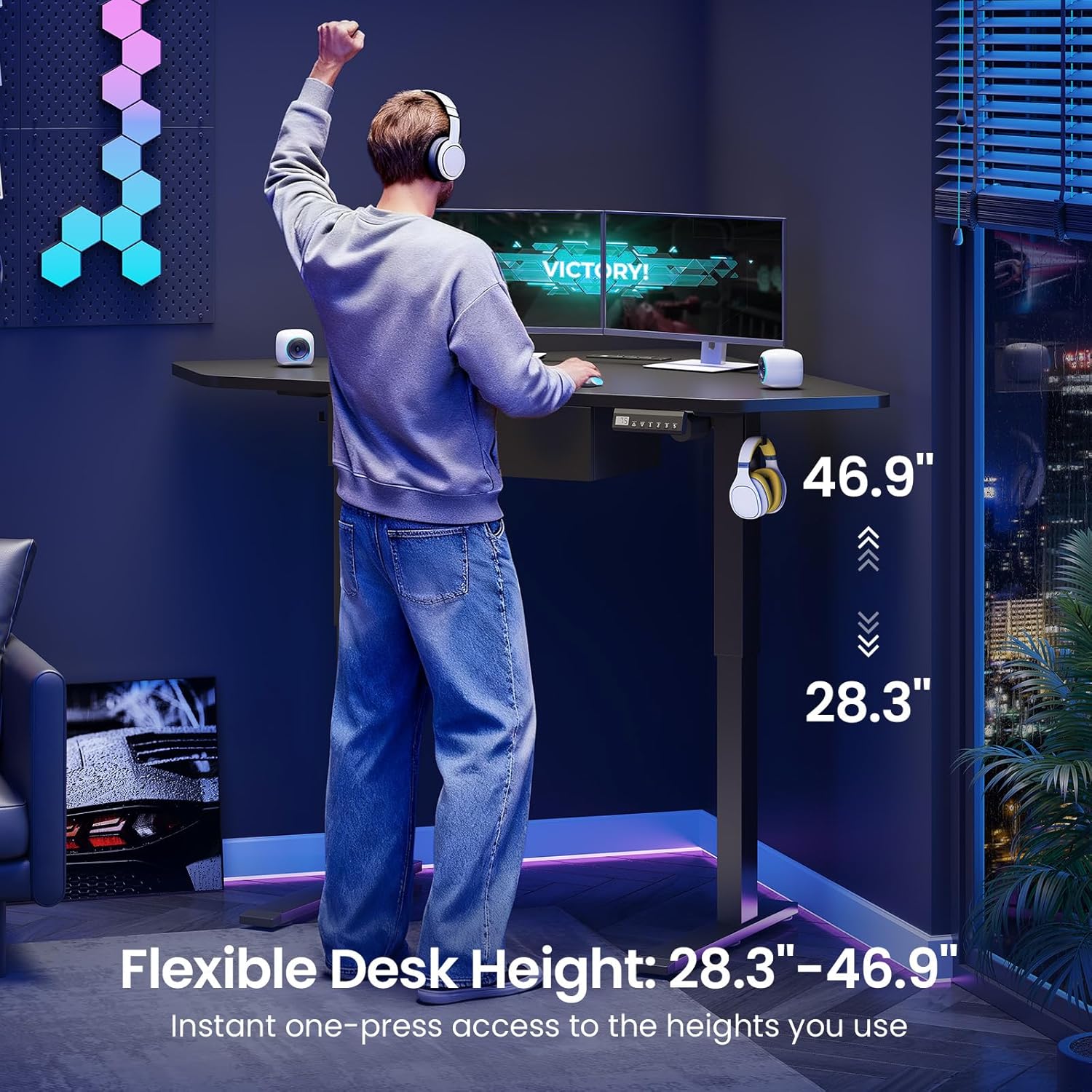 SEDETA Corner Standing Desk, 32'' Small Height Adjustable Electric Computer Desk with Drawer for Gaming, Small Space, Stand up Home Office Writing Desk, Small Gaming Table, Black