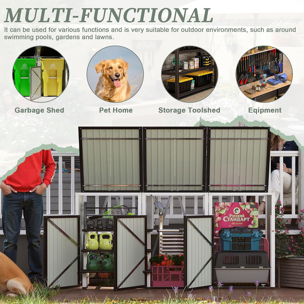 Outdoor Trash Can Storage, Garbage Bin Shed Stores 3 Trash Cans with Pneumatic Support Rod & Lockable Doors, Metal Outdoor Storage Shed for Garbage Cans, Garden, Backyard, and Patio, Grey