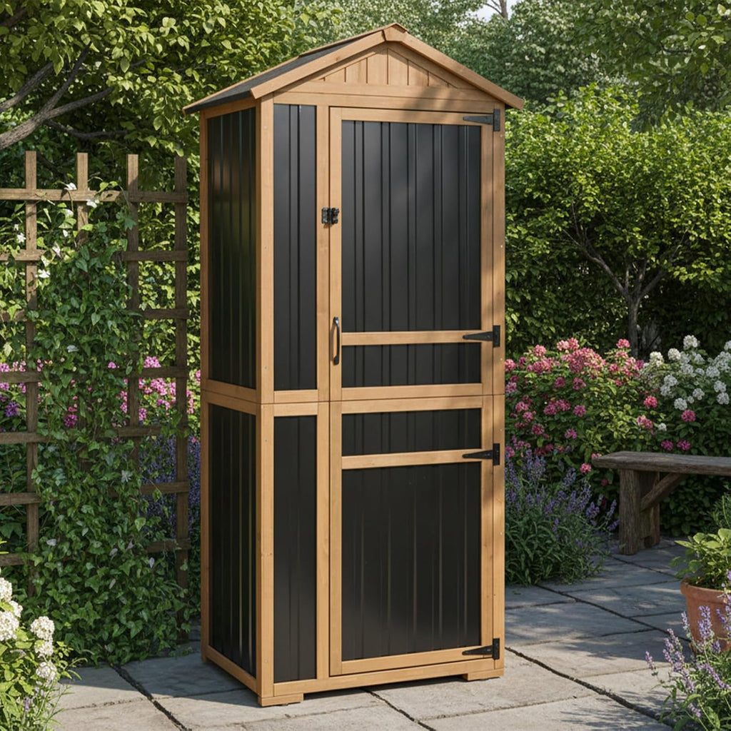 Outdoor Storage Cabinet, Wood & Metal Garden Shed with Waterproof Asphalt Roof, Patio Organizer with 3 Fixed Shelves & Removable Shelf for Long Tools, Lockable Magnetic Doors for Backyard Garage Pool