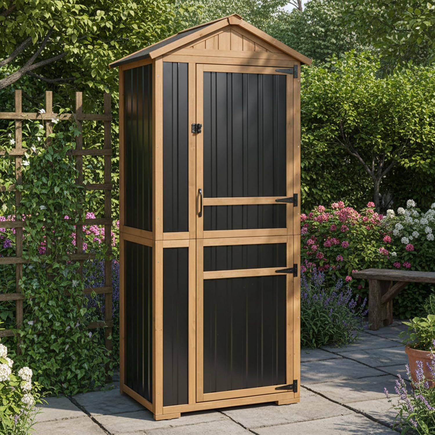 Outdoor Storage Cabinet, Wood & Metal Garden Shed with Waterproof Asphalt Roof, Patio Organizer with 3 Fixed Shelves & Removable Shelf for Long Tools, Lockable Magnetic Doors for Backyard Garage Pool