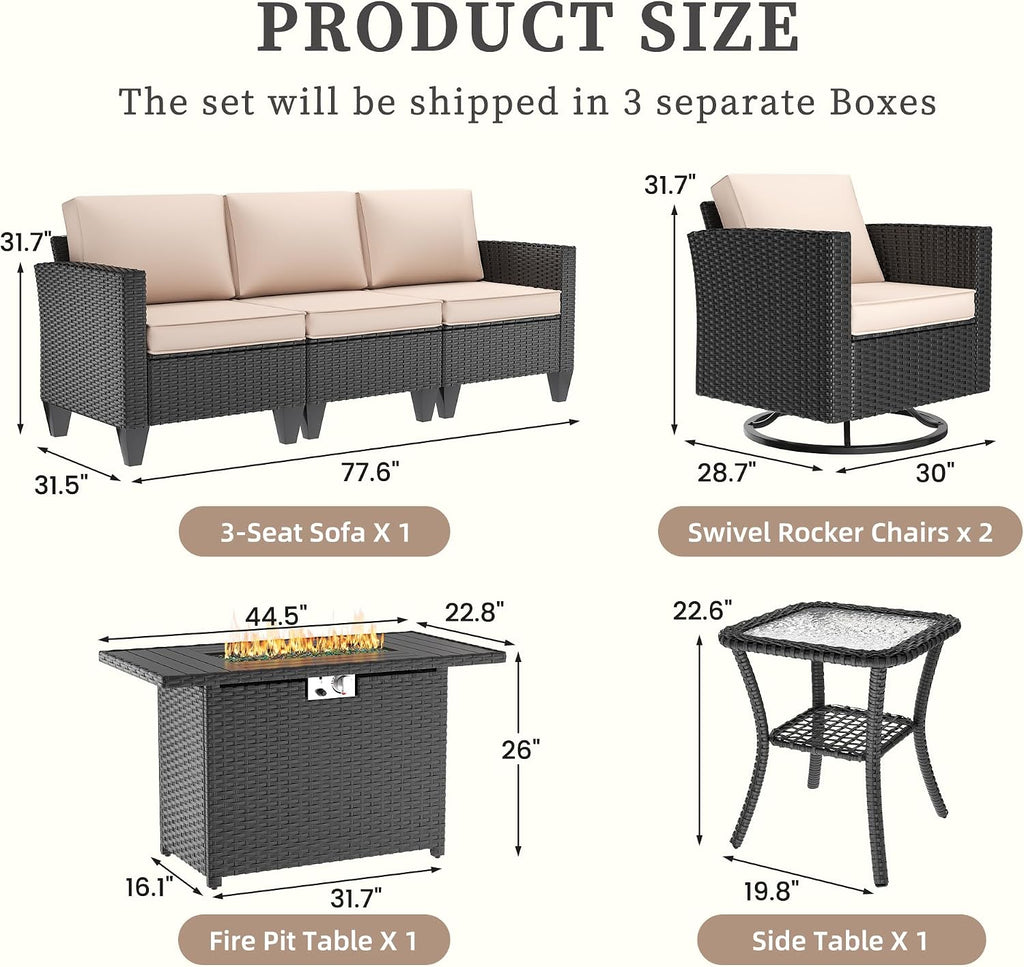 UDPATIO Patio Furniture Set with Fire Pit Table, Rocking Swivel Chairs, 5 Pieces Outdoor Furniture Sets, All-Weather Wicker Outdoor Sectional Sofa with Waterproof Cover, 4'' Thickened Cushion, Khak