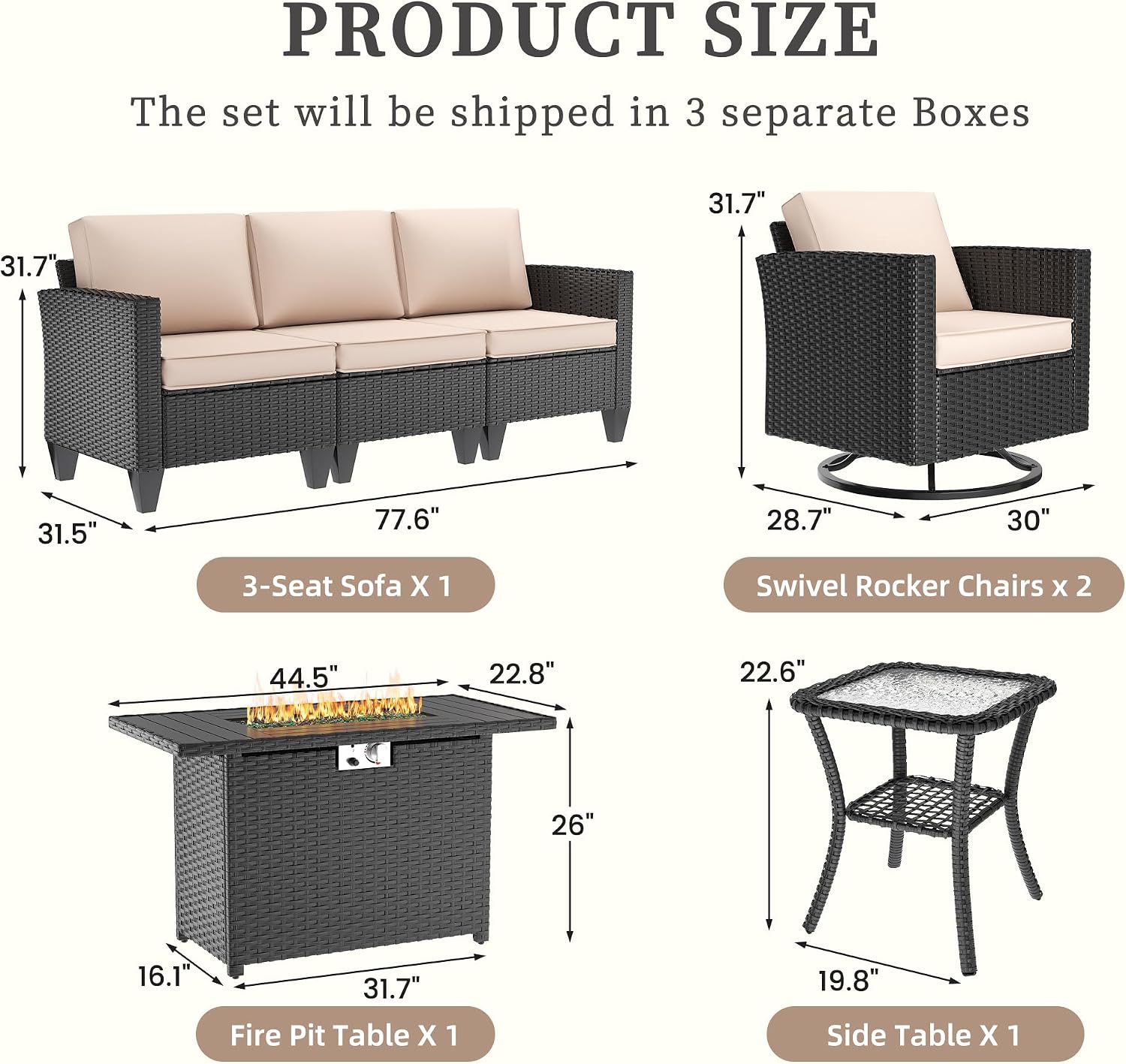 UDPATIO Patio Furniture Set with Fire Pit Table, Rocking Swivel Chairs, 5 Pieces Outdoor Furniture Sets, All-Weather Wicker Outdoor Sectional Sofa with Waterproof Cover, 4'' Thickened Cushion, Khak