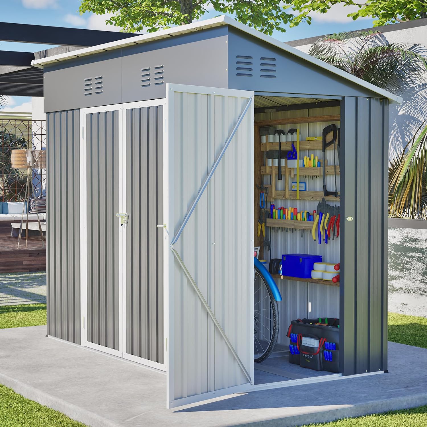 YOPTO 4x8 FT Outdoor Storage Shed with Floor Frame,Metal Shed W/Left/Right Optional Lockable Door,Heavy-Duty Garden Tool Storage House W/ 4 Air Vents & Sloping Roof,for Backyard,Patio,Lawn,Gray