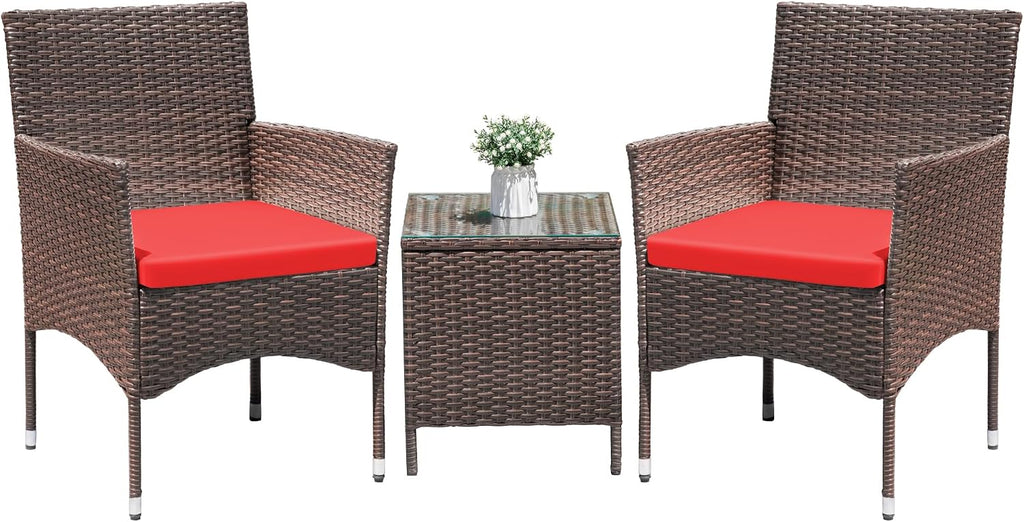 Greesum 3 Pieces Patio Dining PE Rattan Wicker Chair Furniture Set with Cushion and Glass Coffee Table for Outdoor Garden Backyard Poolside, Brown and Red