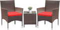 Greesum 3 Pieces Patio Dining PE Rattan Wicker Chair Furniture Set with Cushion and Glass Coffee Table for Outdoor Garden Backyard Poolside, Brown and Red