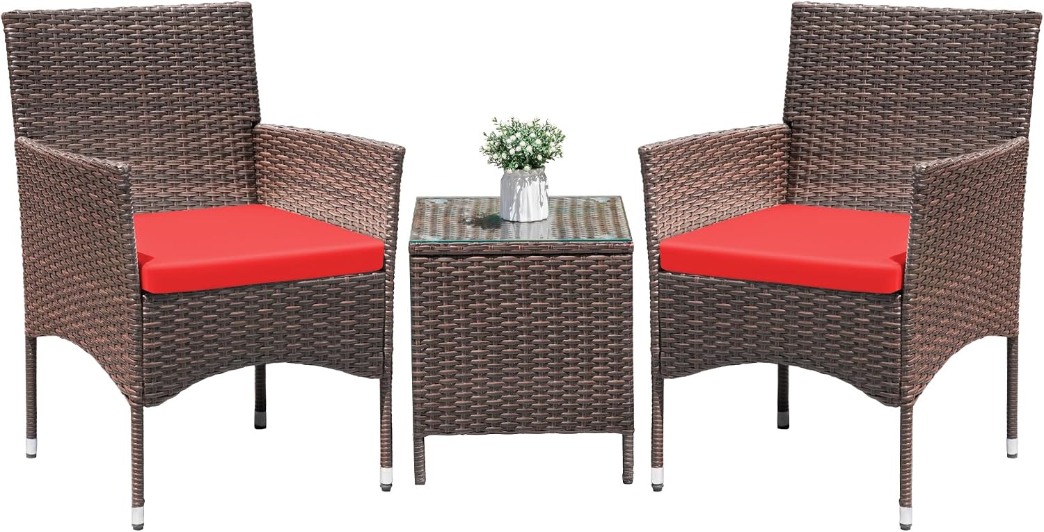 Greesum 3 Pieces Patio Dining PE Rattan Wicker Chair Furniture Set with Cushion and Glass Coffee Table for Outdoor Garden Backyard Poolside, Brown and Red