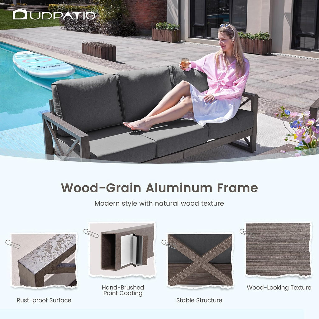 UDPATIO Aluminum Patio Furniture Set, Faux Wood Grain Modern Outdoor Furniture, 6' Cushions Metal Patio Conversation Sofa with Coffee Table for Poolside Deck, 5 PCS, Dark Grey(Include 600D Covers)