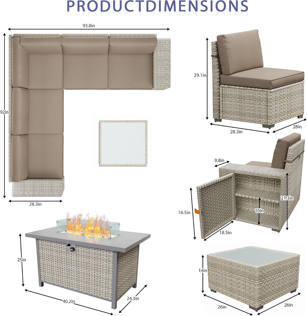 7 Piece Patio Furniture Set with 50,000 BTU Rattan Fire Pit Table that Converts to Coffee Table, 9.8' Wide Arm Sectional Sofa with Storage Armrests, Outdoor Rattan Conversation Set, Khaki