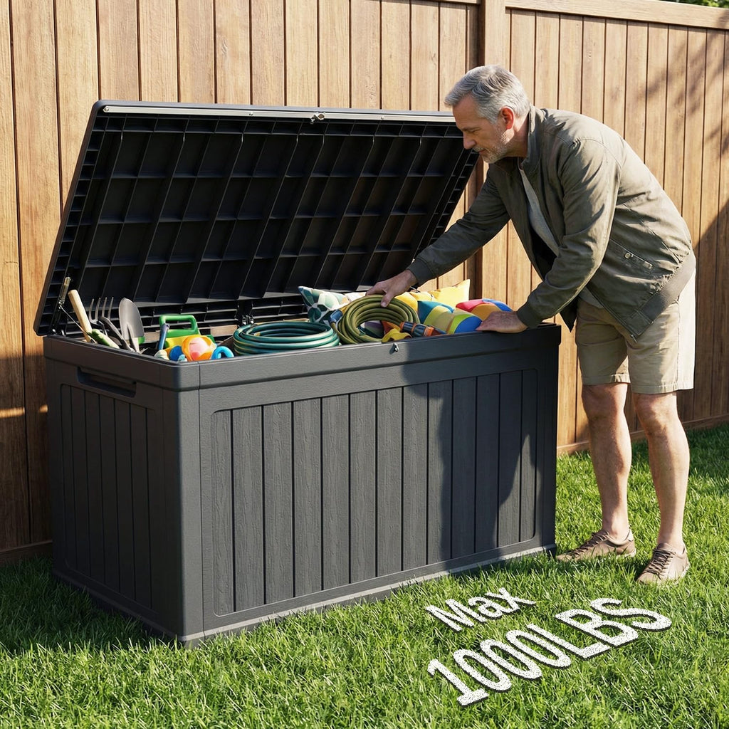 270 Gallon Deck Box, Resin Outdoor Waterproof Storage Box, Lockable Storage Box With Handle for Patio Furniture - Garden Tools - Swimming Pool Tools UV Resistant, Black