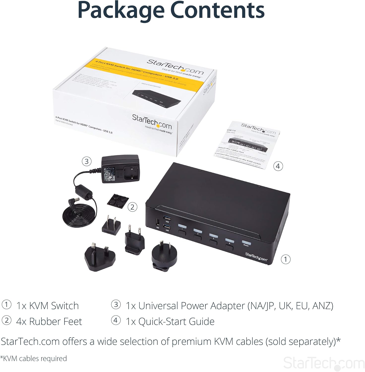 StarTech.com 4 Port HDMI KVM - HDMI KVM Switch - 1080p - USB 3.0 & Audio Support - KVM Video Switch, TAA (SV431HDU3A2)