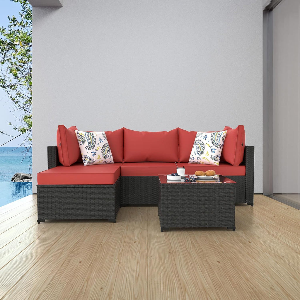 Patio Furniture Set, 5PCS Outdoor Sectional with Ottoman Wicker Rattan Patio Couch with Thickened Cushion Modular Wicker Patio Conversation Set with Glass Top Table for Balcony, Backyard (Burgundy)