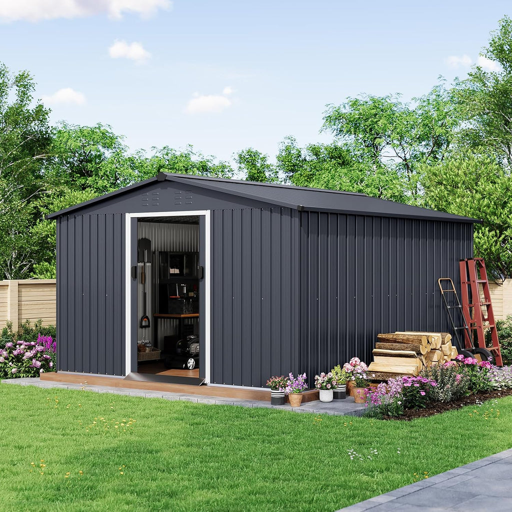 Garvee 10x12 ft Metal Storage Shed with Pitched Roof & Lockable Door, Outdoor Weatherproof Yard Tool Storage Shed for Organizing Bike, Lawn Mower, Tools and Equipment in Backyard, Yard, Lawn, Grey