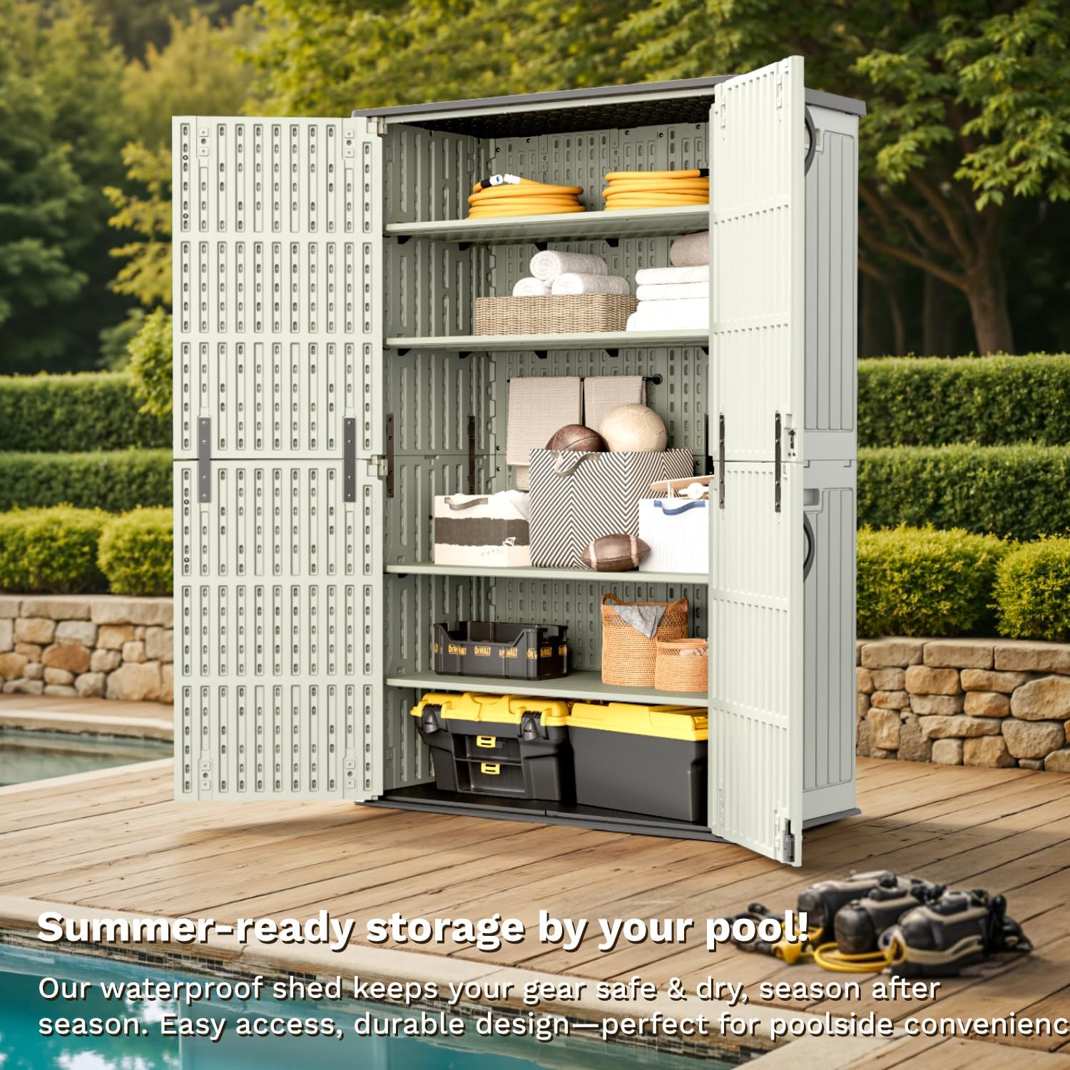 Patiowell 50 Cu.ft Outdoor Storage Cabinet with Lockable Door, Waterproof Horizontal Storage Shed for Tools and Patio Furniture, All-Weather Resin Shed Easy Assemble for Pool or Backyards, Brown
