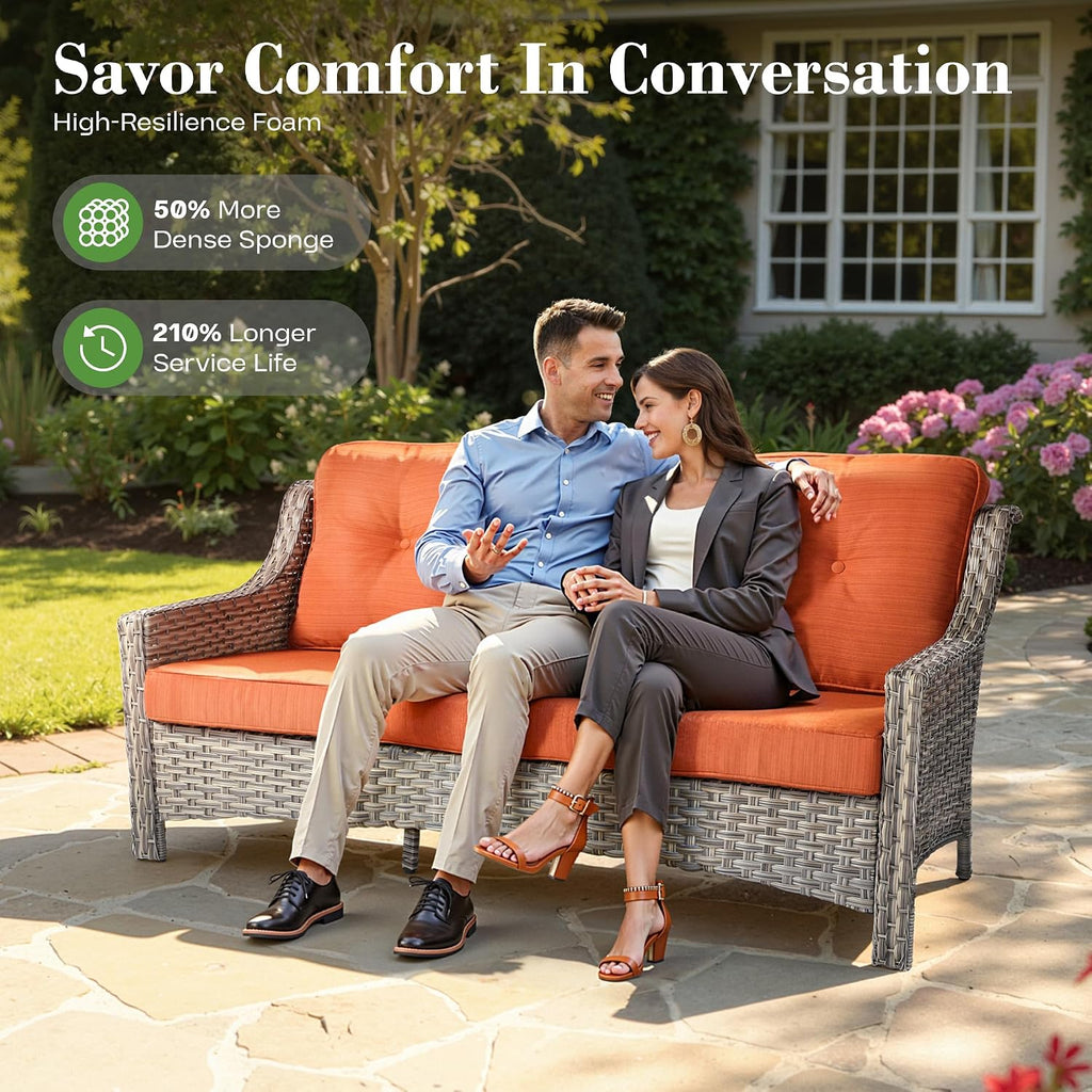 ovios 4 Piece Outdoor Patio Furniture with 3 Seat Sofa,Rattan Wicker Coversation Set with High Back,Sectional Single Sofa with Ottoman for Outside Porch Balcony Backyard Pool, Orange