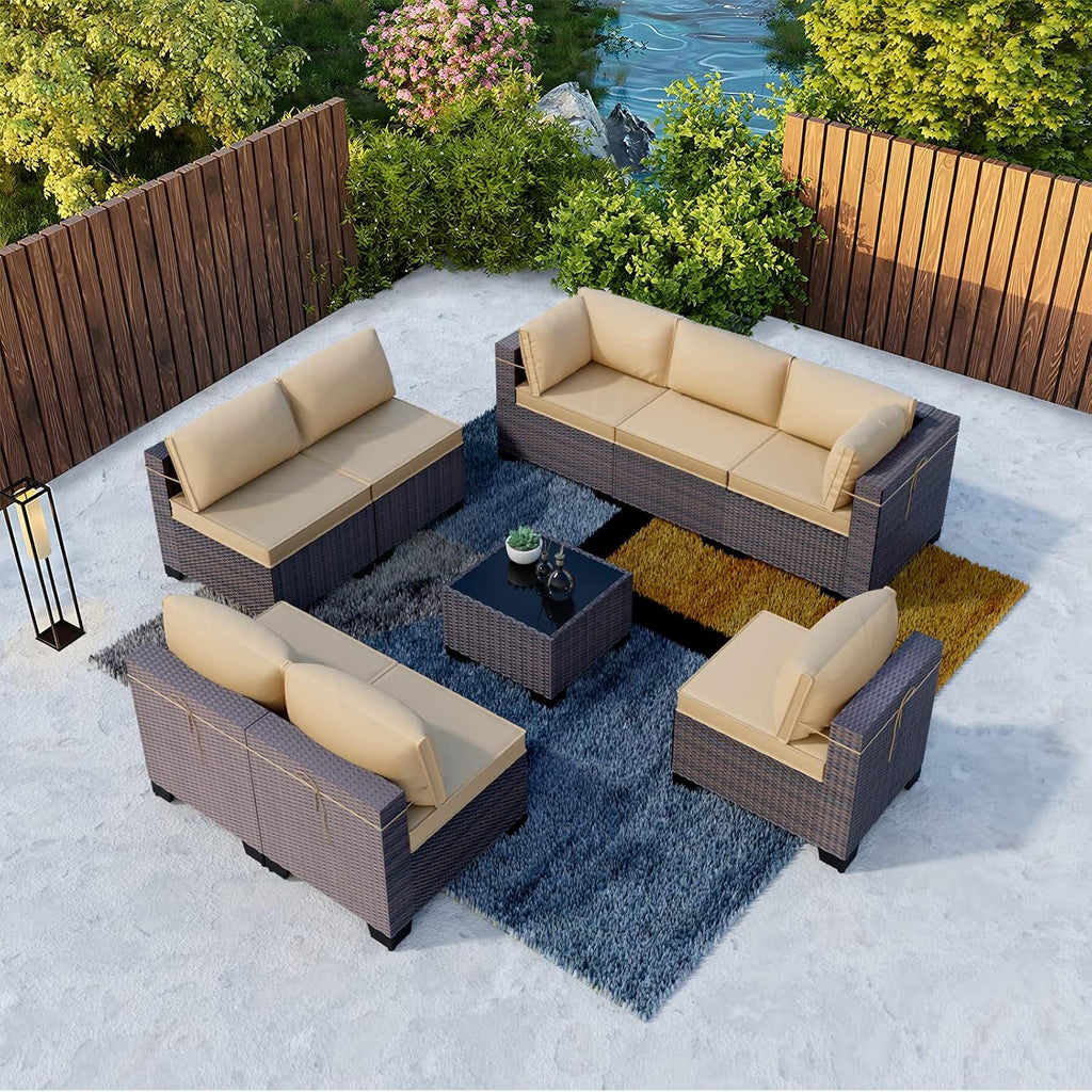 Kullavik 9 Pieces Outdoor Patio Furniture Set,Outdoor Sectional Rattan Sofa Set Brown PE Rattan Wicker Patio Conversation Set with Tempered Glass Coffee Table and Washable Cushions Covers,Sand