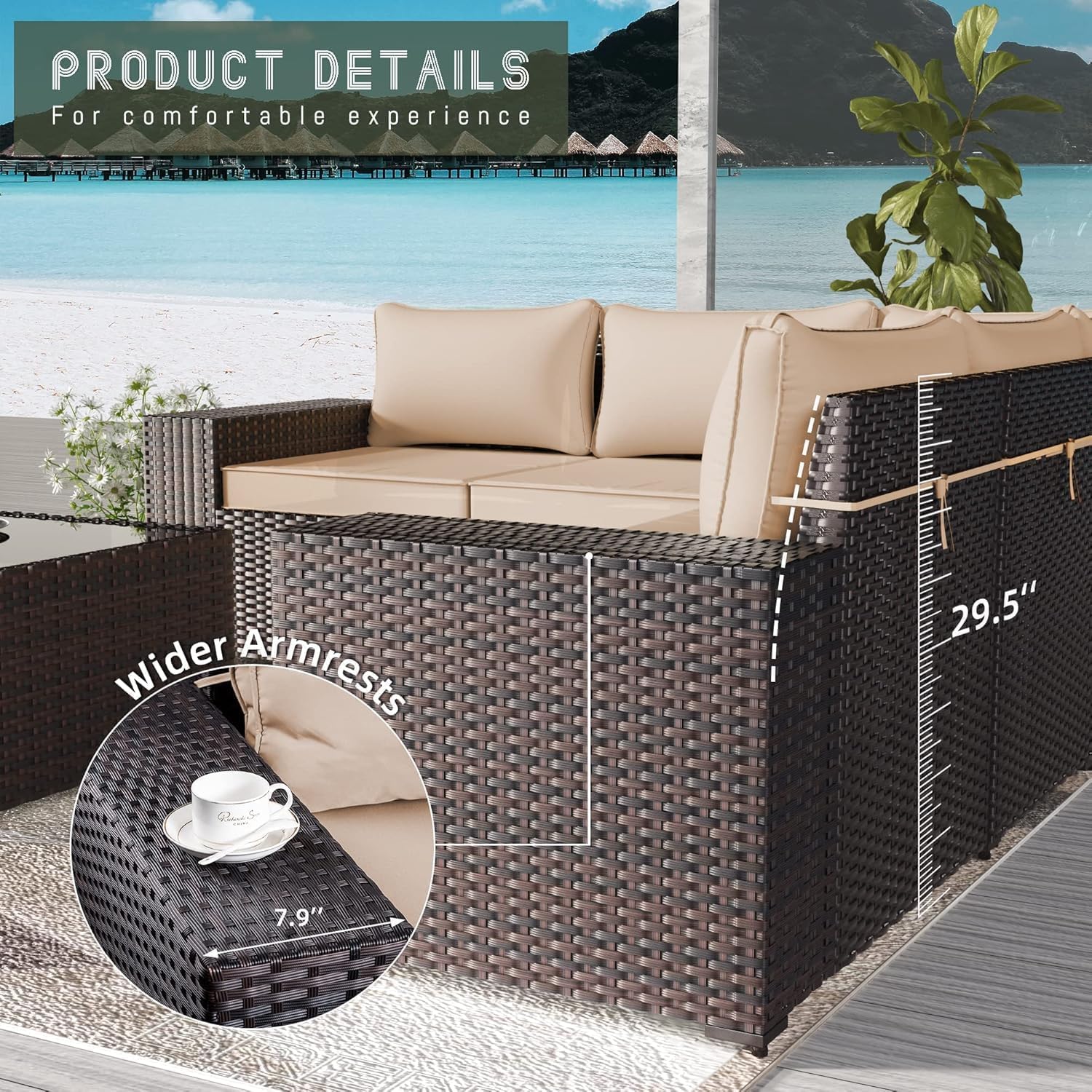 8 PCS Outdoor Patio Furniture Set,Outdoor Sectional Furniture All Weather PE Rattan Wicker Patio Conversation Set with 2 Ottomans and Coffee Table,Sand