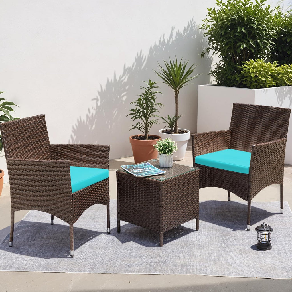 Greesum 3 Pieces Patio Dining PE Rattan Wicker Chair Furniture Set with Cushion and Glass Coffee Table for Outdoor Garden Backyard Poolside, Brown and Blue