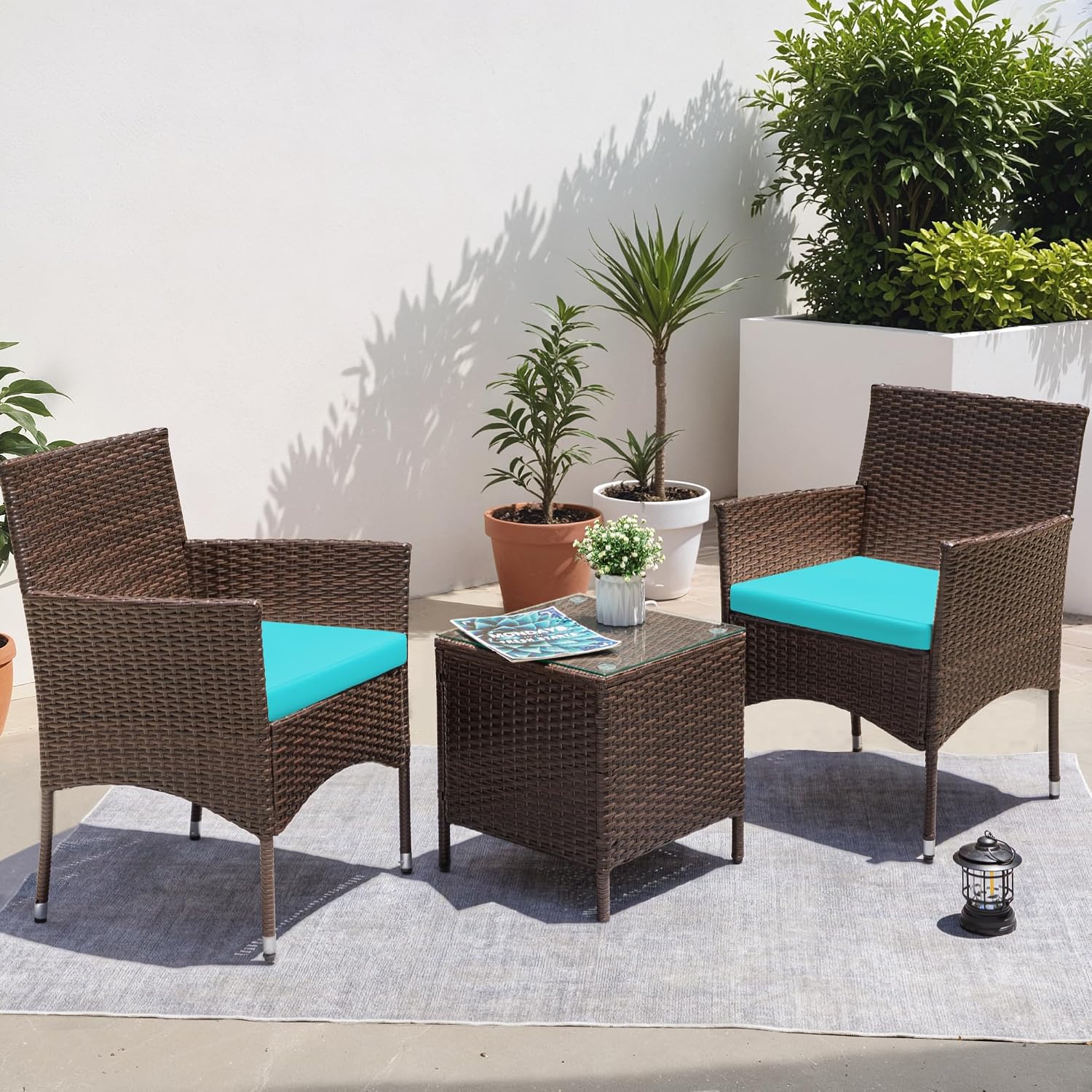 Greesum 3 Pieces Patio Dining PE Rattan Wicker Chair Furniture Set with Cushion and Glass Coffee Table for Outdoor Garden Backyard Poolside, Brown and Blue