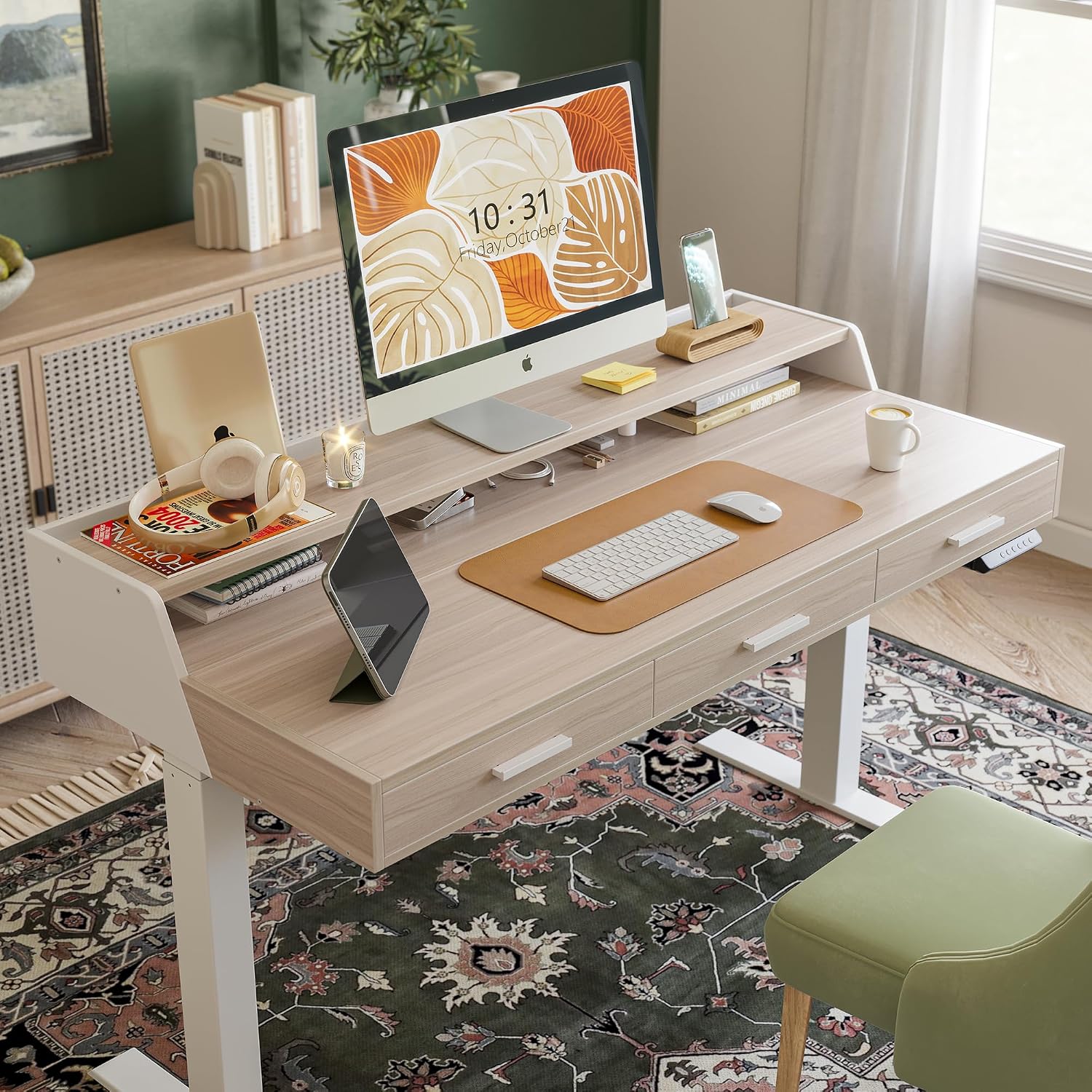 FEZIBO 48x26 Inches Standing Desk with 3 Wooden Drawers and Monitor Shelf, Height Adjustable Computer Desk, Ergonomic Rising Home Office Desks, Sit Stand Up Electric Workstation Table, Light Walnut
