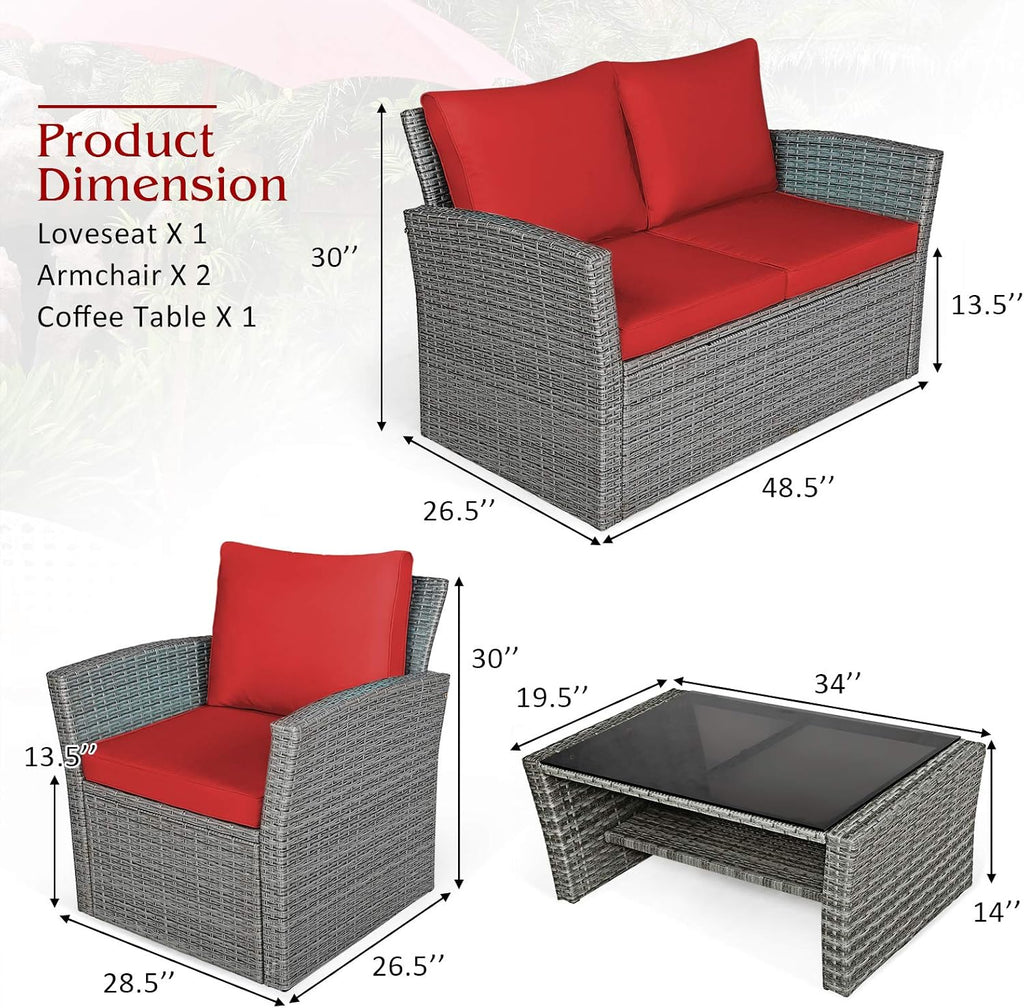 Tangkula 4 Pieces Patio Furniture Set, All Weather Outdoor Sectional Rattan Sofa Set with Cushions & Tempered Glass Table, Wicker Conversation Couch Set for Backyard Garden Poolside