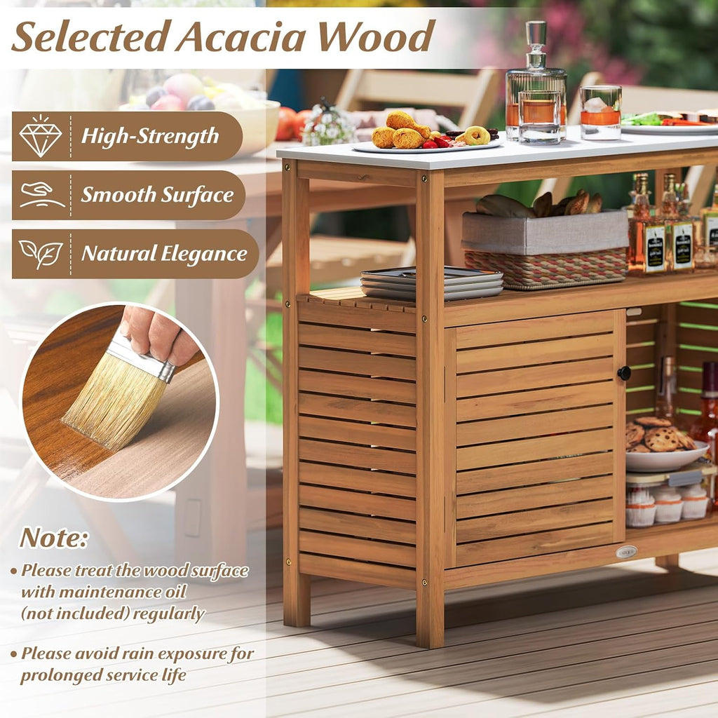 Goplus Patio Storage Cabinet, Outdoor Acacia Wood Buffet Cabinet with Marble-Like Countertop, Open Shelf & 2 Doors, Sideboard Organizer for Outdoor Kitchen, Garden, Backyard