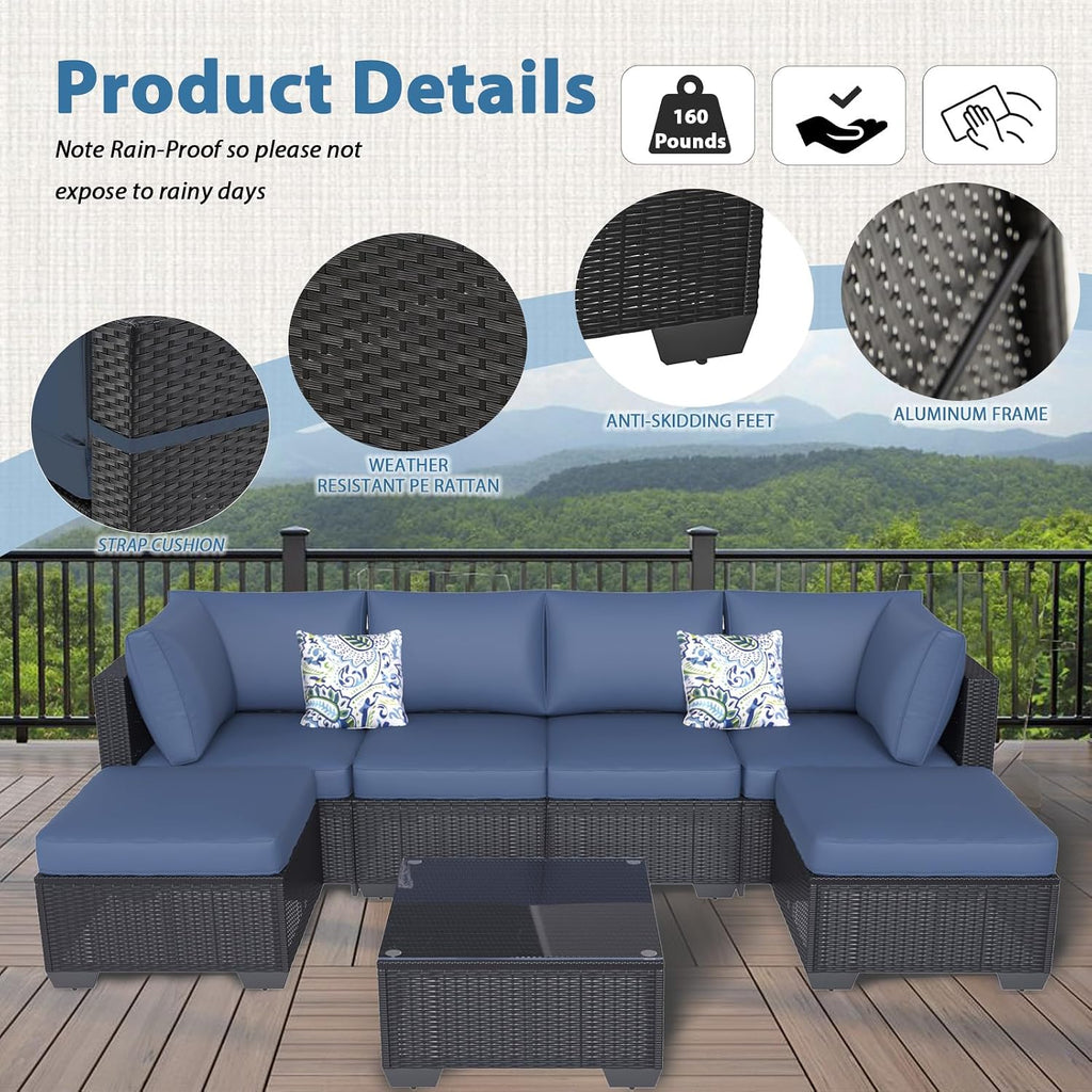 AECOJOY 7 Piece Outdoor Patio Furniture Set, Outdoor Sectional Conversation Furniture Chair with Coffee Table, Patio Sectional for Backyard, Garden(Navy Cushions and Black Rattan)
