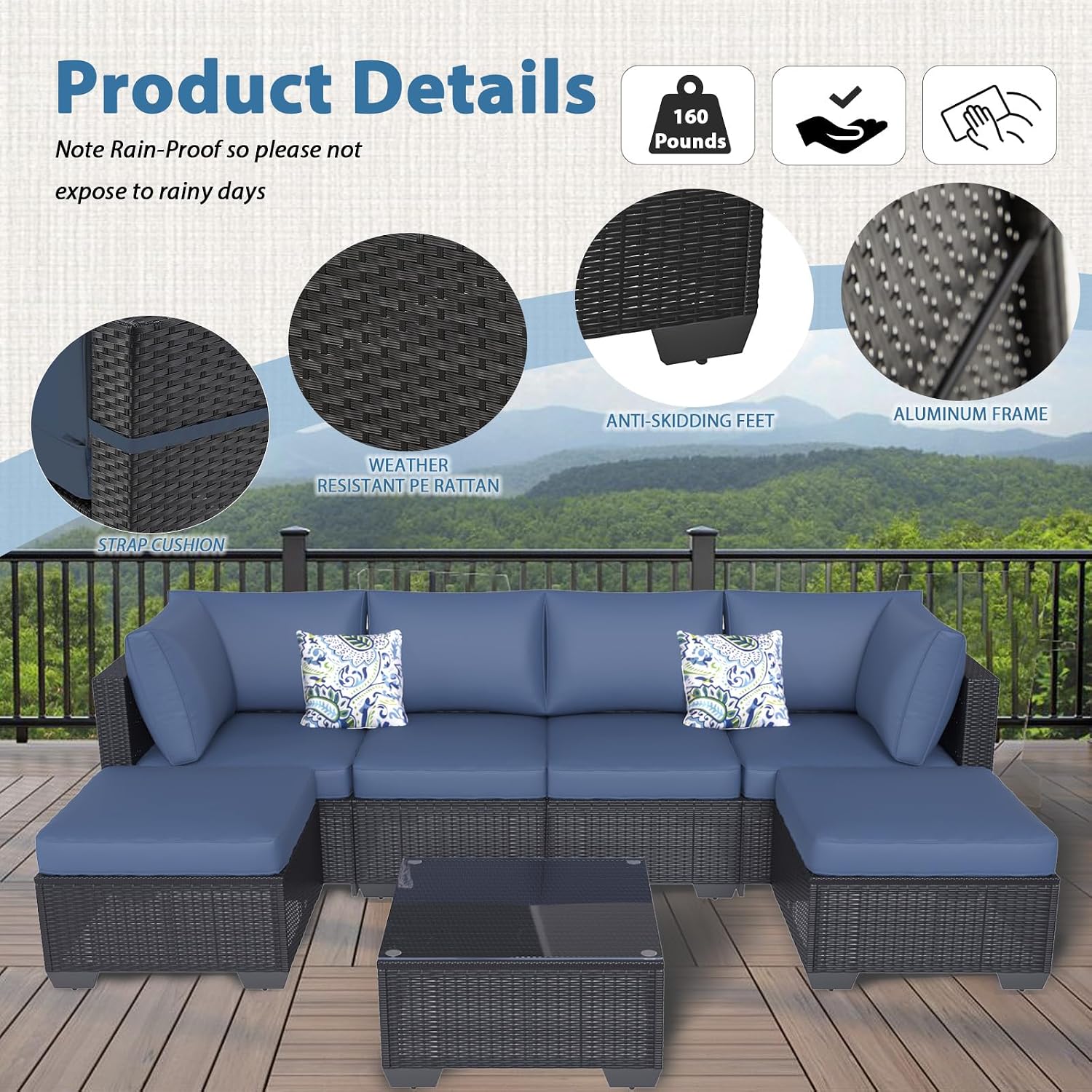AECOJOY 7 Piece Outdoor Patio Furniture Set, Outdoor Sectional Conversation Furniture Chair with Coffee Table, Patio Sectional for Backyard, Garden(Navy Cushions and Black Rattan)
