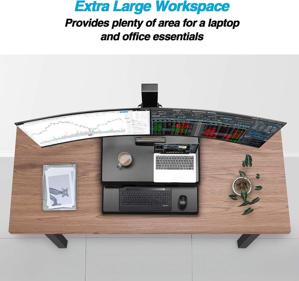 AVLT Electric Standing Desk Converter for Dual 32' Monitors, Motorized Sit to Stand Riser with 28'x16' Tabletop, Large Keyboard Tray, Height Adjustable, Sturdy Base, Small Footprint