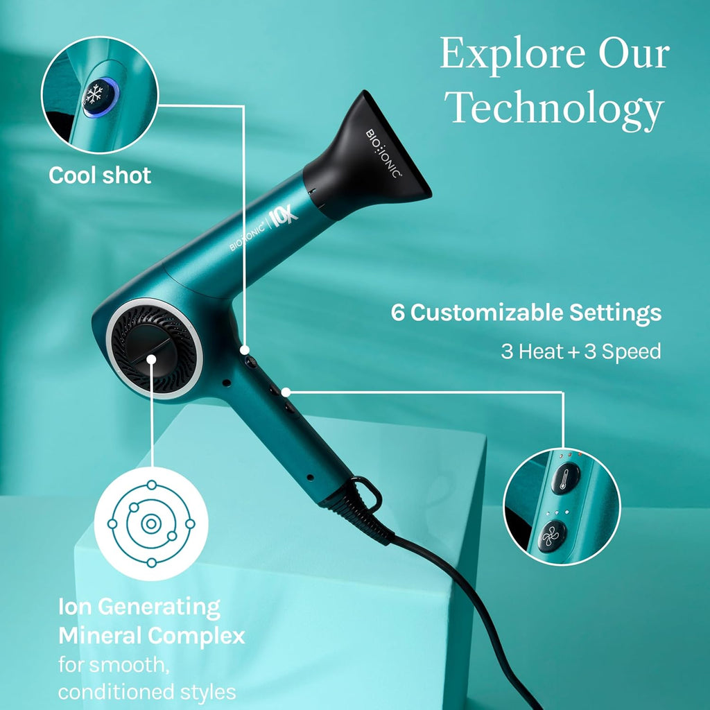 Bio Ionic 10X Ultralight Speed Hair Dryer, Blow Dryer with Adjustable Heat & Speed, Memory Function, Professional Hair Styling Tool for Fast, Frizz-Free Hairstyles