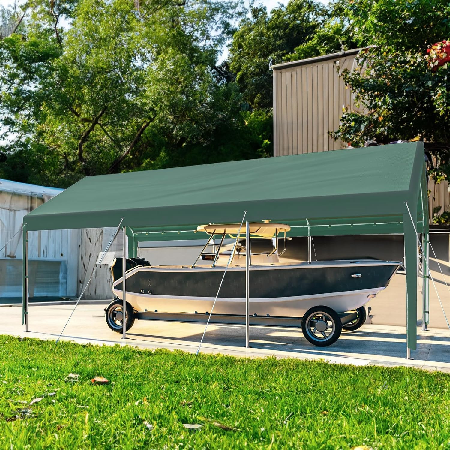 Carport 10x20 Ft Heavy Duty Canopy Steel Canopy Storage Shed,Portable Party Tent,Portable Garage with Removable Sidewalls & Doors All-Season Tarp for Carport Floor Fixing (Green)