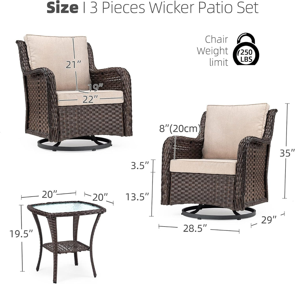 GarveeLife 3 Pieces Outdoor Swivel Chair Set, Upgraded Encrypted Rattan Wicker Swivel Rocker Patio Chairs, Thick Cushion and Side Table for Balcony, Porch, Backyard, Garden, Beige