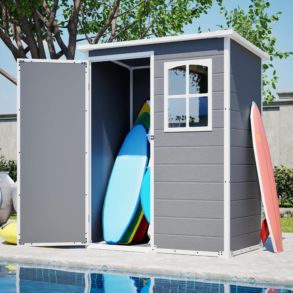 YOPTO 5x3ft Resin Outdoor Storage Shed Weather Resistant with Floor,Outdoor Resin Storage Shed W/Window,Garden Tool House W/Lockable Door,Pitched Roof & Drainage Holes,for Backyard,Patio,Lawn,Gray