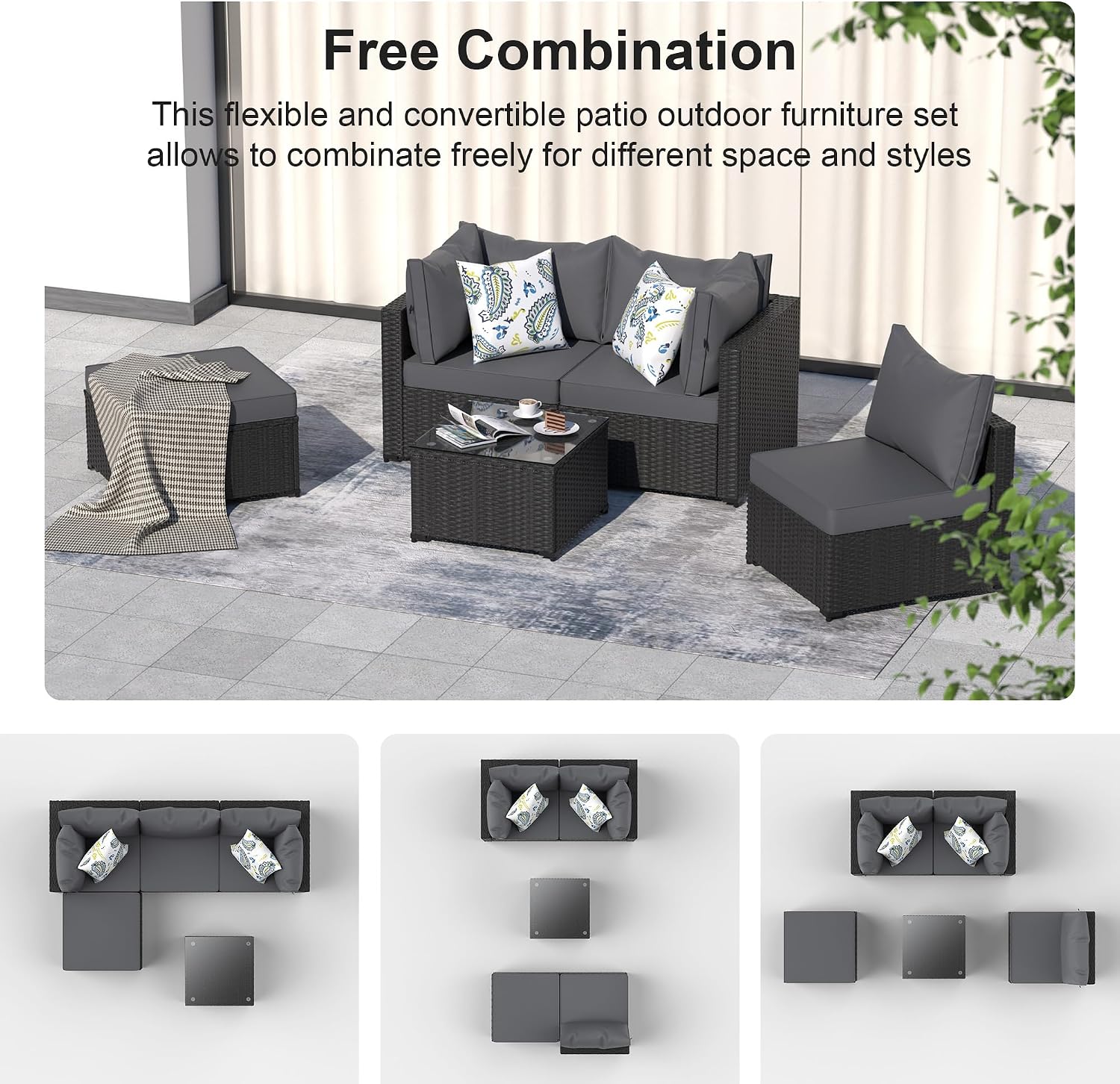 Patio Furniture Set, 5PCS Outdoor Sectional with Ottoman Wicker Rattan Patio Furniture with Thickened Cushion Modular Wicker Patio Conversation Set with Glass Top Table for Balcony, Backyard (Grey)