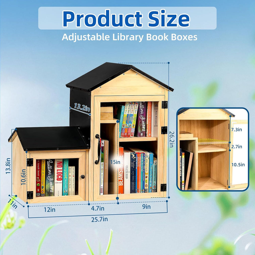Little Library Box Outdoor, Double Little Library Design with Adjustable Shelf and Large & Small Compartments, Solid Wood with Waterproof Coating & Metal Trim, Sharing Books, Literature & Newspapers