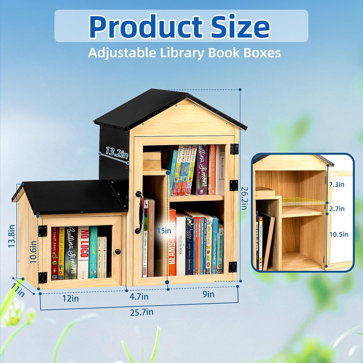 Little Library Box Outdoor, Double Little Library Design with Adjustable Shelf and Large & Small Compartments, Solid Wood with Waterproof Coating & Metal Trim, Sharing Books, Literature & Newspapers